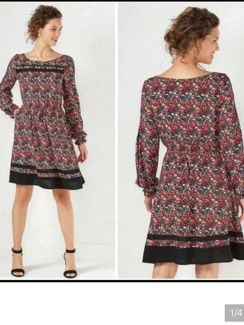 LC Lauren Conrad Burgundy Woodland Floral Long-Sleeve Dress with Black Trim